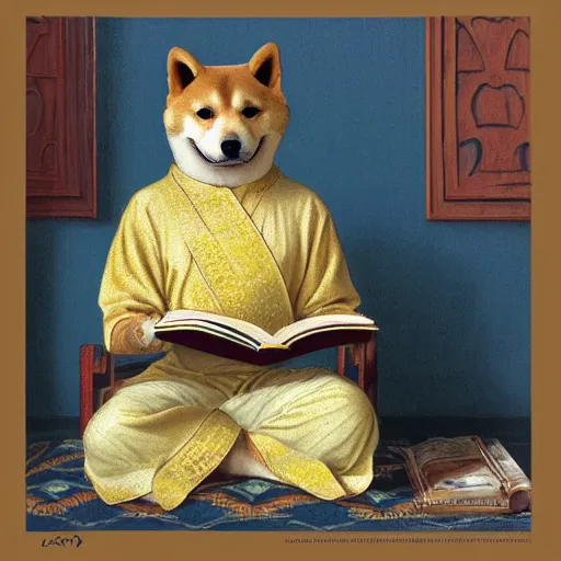 Prompt: lotus pose, anthropomorphic shiba inu, wearing for man ukrainian traditional black vyshyvanka clothes, reading book, portrait art by donato giancola and greg rutkowski, realistic face, digital art, trending on artstation, symmetry