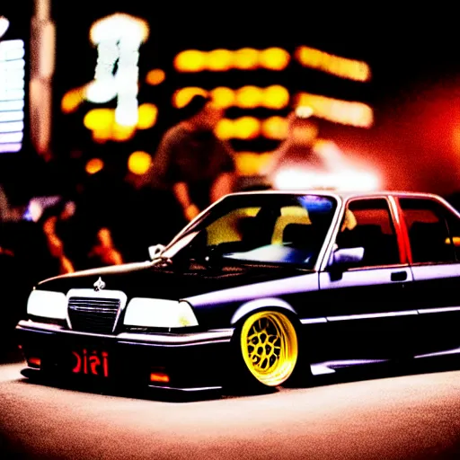 Image similar to a car 190E turbo drift at illegal car meet, Shibuya prefecture, midnight mist lights, cinematic color, photorealistic, highly detailed wheels, highly detailed