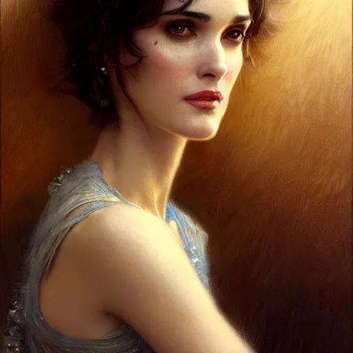 Image similar to portrait of winona ryder. highly detailed painting by gaston bussiere, craig mullins, j. c. leyendecker, close shot, 8 k realistic, cryengine, frostbite 3 engine, sharp focus, trending on pinterest, trending on artstation, trending on deviantart