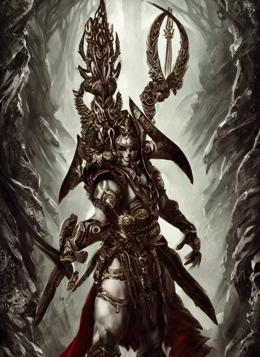 Image similar to high intricate male warrior with white baroque armor and black garment, demon lord, ancient forest, maria panfilova, andrea savchenko, mike kime, ludovic plouffe, qi sheng luo, oliver cook, trending on artstation