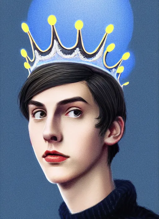 Image similar to portrait of teenage jughead jones wearing a light grey crown, crown, blue turtleneck, 1 9 5 0 s, closed eyes, photorealistic, black hair, glowing lighting, intricate, elegant, glowing lights, highly detailed, digital painting, artstation, concept art, smooth, sharp focus, illustration, art by wlop, mars ravelo and greg rutkowski