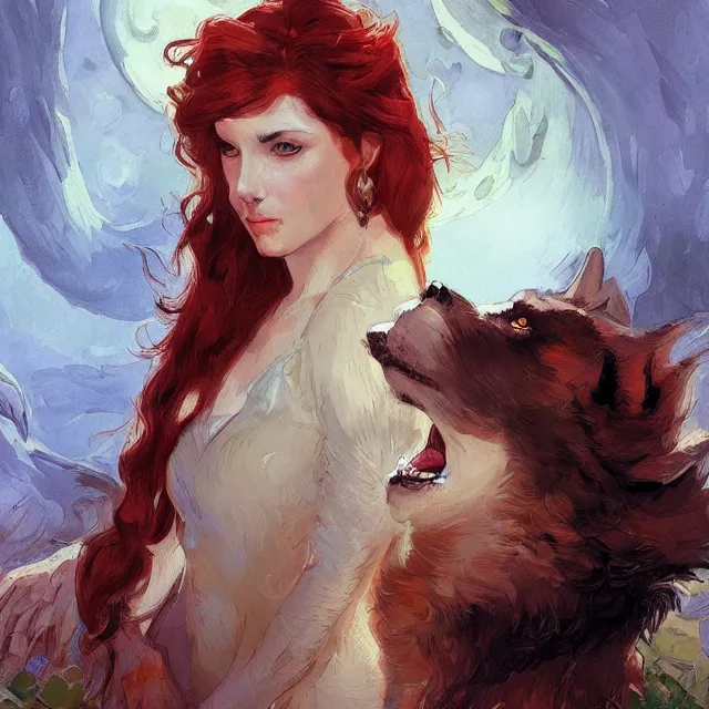 Image similar to book cover for a werewolf and red headed woman love story, portrait, elegant, intricate, digital painting, artstation, concept art, smooth, sharp focus, illustration, art by konstantin korovin and daniel f. gerhartz and john howe