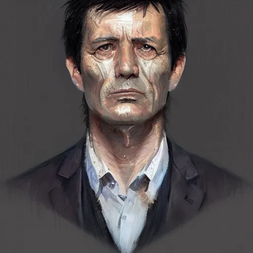 Image similar to Portrait of a man by Greg Rutkowski, he is about 60 years old, short black hair with bangs, his features are a mix between French, Turkish and Russian, expression of contempt, sorrow and resignation, he is wearing a futuristic tactical gear, highly detailed portrait, digital painting, artstation, concept art, smooth, sharp foccus ilustration, Artstation HQ.