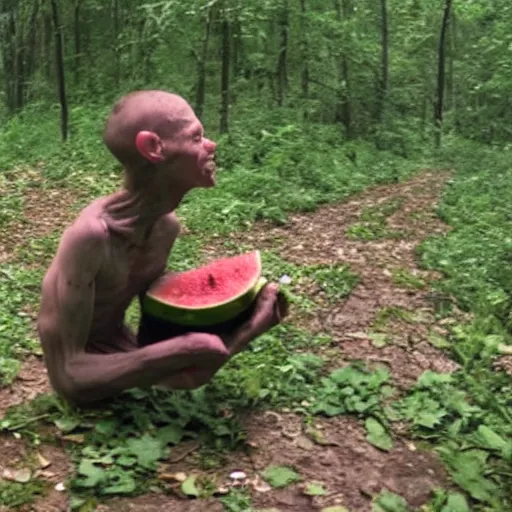 Prompt: trail cam footage of gollum eating watermelon,