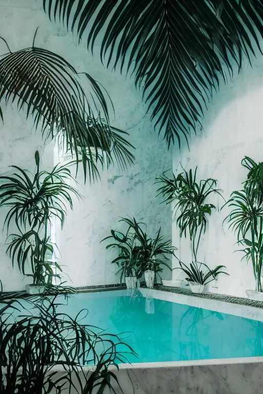 Prompt: detailed interior of a vaporwave pool, white marble walls, palm vegetation, light shafts, stunning atmosphere, cinematic lighting, smooth, sharp focus, high detail, cinematic feel