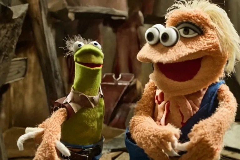 Prompt: High definition scene from Evil Dead Muppets starring Bruce Campbell as Ash