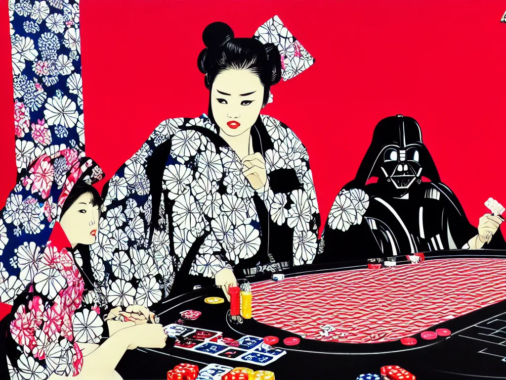 Image similar to hyperrealism composition of the detailed woman in a japanese kimono sitting at an extremely detailed poker table with darth vader, fireworks on the background, pop - art style, jacky tsai style, andy warhol style, acrylic on canvas