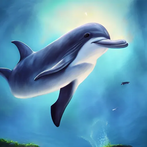 Prompt: a portrait painting of the cutest dolphin, fantasy art, digital art, unreal engine