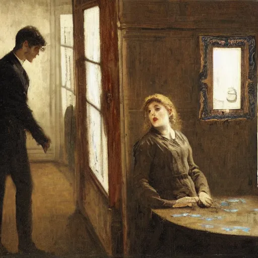 Image similar to a young man and a young woman solving an escape room puzzle, mysterious markings on the wall, by alfred stevens