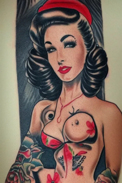 Image similar to traditional American tattoo of a pinup girl, detailed