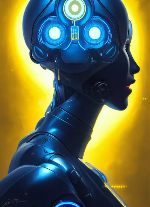 Image similar to symmetry!! portrait of a robot with big eyes, sci - fi, tech wear, blue and yellow glowing lights!! intricate, elegant, highly detailed, digital painting, artstation, concept art, smooth, sharp focus, illustration, art by artgerm and greg rutkowski and alphonse mucha