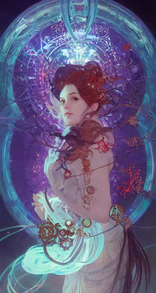 Image similar to she dreams of arcs of purple flame intertwined with glowing sparks, glinting particles of ice, dramatic lighting, steampunk, bright neon, secret holographic cyphers, red flowers, solar flares, intricate art by alphonse mucha and greg rutkowski and ruan jia