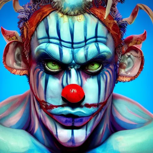 Image similar to 4K headshot of godlike clown with blue skin defined arms and open hands and bloody clothes with giant mandala wings , intricate clown face make-up , flawless anime cel animation by Kentaro Miura, psychedelic , highly detailed upper body , professionally post-processed , beautiful, scary, symmetry accurate features, epic, octane rendered, anime masterpiece, accurate