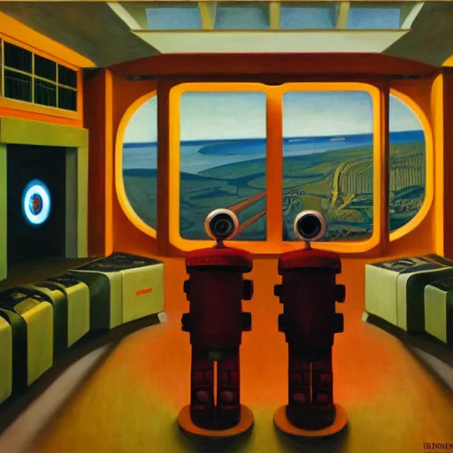 Prompt: robot overlords, observation deck, spaceship interior, view of earth, pj crook, edward hopper, oil on canvas