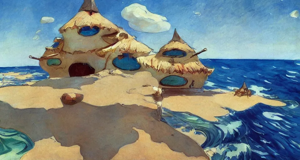 Prompt: seashell - shaped house, by moebius, joaquin sorolla, in the style of zelda windwaker