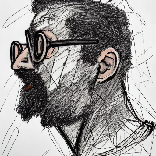 Prompt: a realistic yet scraggly portrait sketch of the side profile of a stern and sophisticated gordon freeman, trending on artstation, intricate details, in the style of frank auerbach, in the style of sergio aragones, in the style of martin ansin, in the style of david aja, in the style of mattias adolfsson