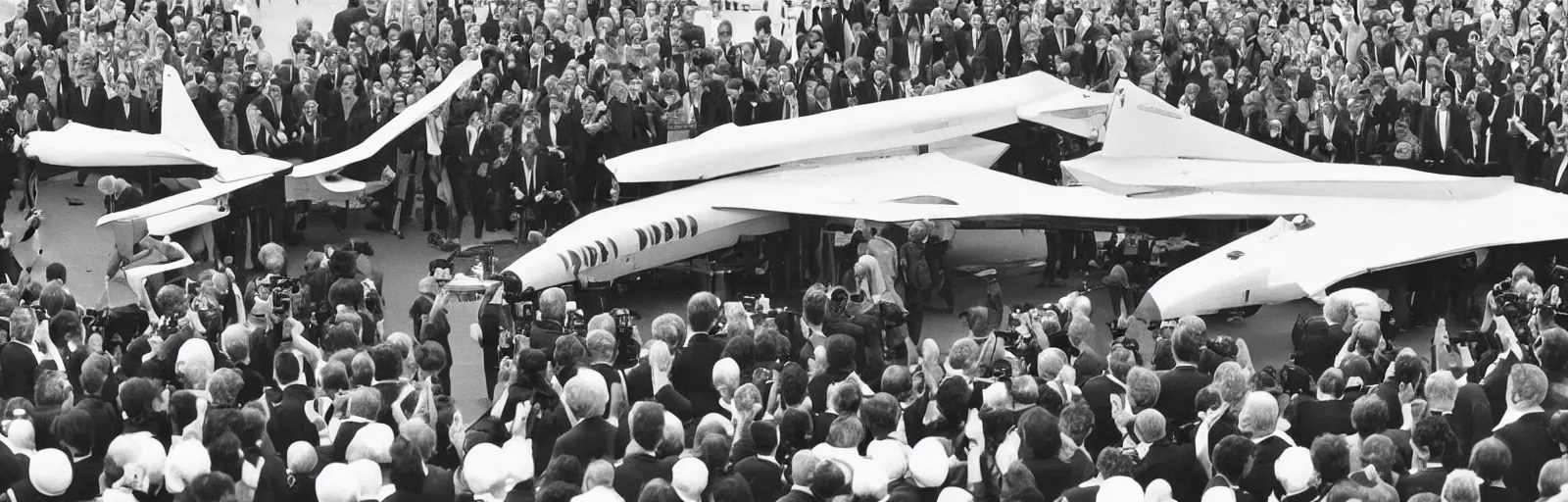 Image similar to a transforming mecha-concorde is presented with the medal d'honneur, Paris 1982