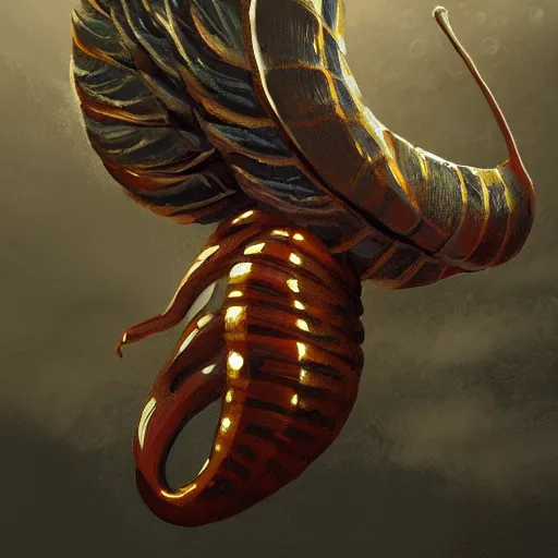 Image similar to snail with wings and feathers, oil painting, artstation, dramatic lighting, symmetry, beautiful