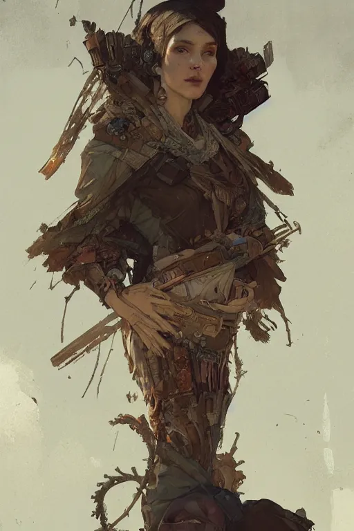 Prompt: A full portrait of a beautiful post apocalyptic offworld junk merchant, intricate, elegant, highly detailed, digital painting, artstation, concept art, smooth, sharp focus, illustration, art by Krenz Cushart and Artem Demura and alphonse mucha