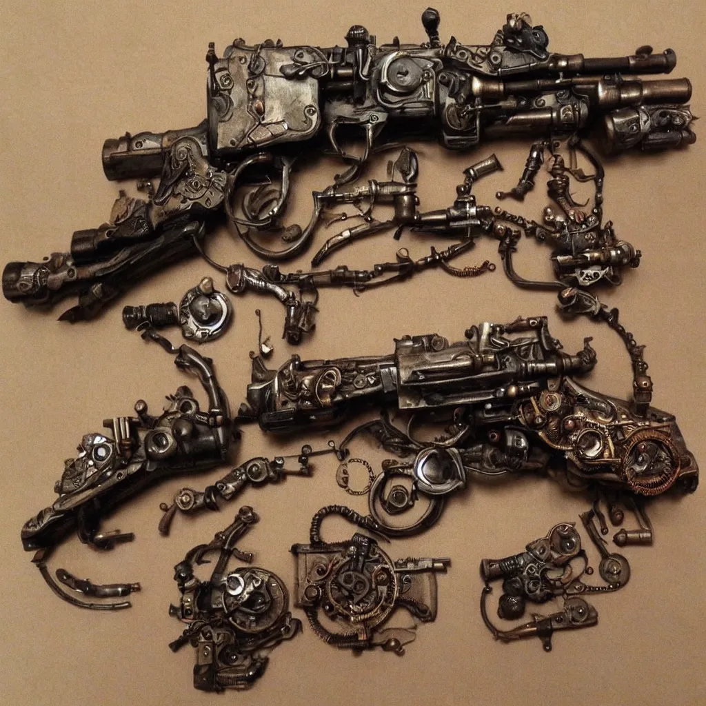 Image similar to a gun very cool, steampunk style,, highly detailed, photorealistic