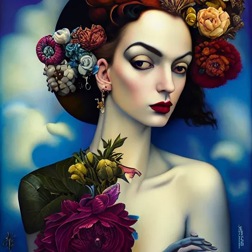 Image similar to dynamic composition, a painting of a woman with hair of flowers and raven plummage wearing ornate earrings, a surrealist painting by tom bagshaw and jacek yerga and tamara de lempicka and jesse king, featured on cgsociety, pop surrealism, surrealist, dramatic lighting, wiccan, pre - raphaelite, ornate gilded details