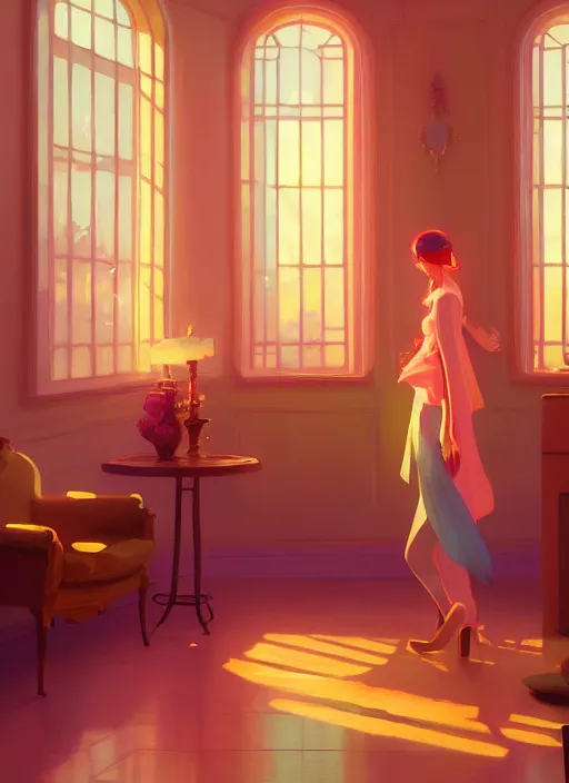 Prompt: beautiful interior of a stunning mansion, vibrant colors, atey ghailan, delphin enjolras, goro fujita, makoto shinkai, rim light, exquisite lighting, octane render, very coherent, trending on artstation