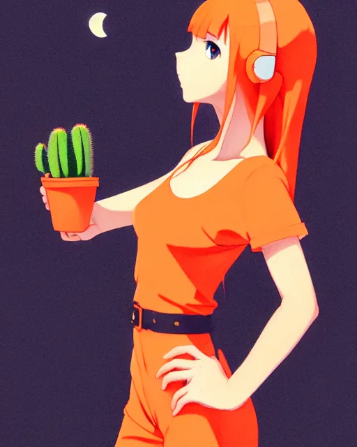 Prompt: portrait of cute redhead foxgirl in orange jumpsuit with fox ears by ilya kuvshinov, holding a cactus, cloudy sky background lush landscape illustration concept art anime key visual trending pixiv fanbox by wlop and greg rutkowski and makoto shinkai and studio ghibli