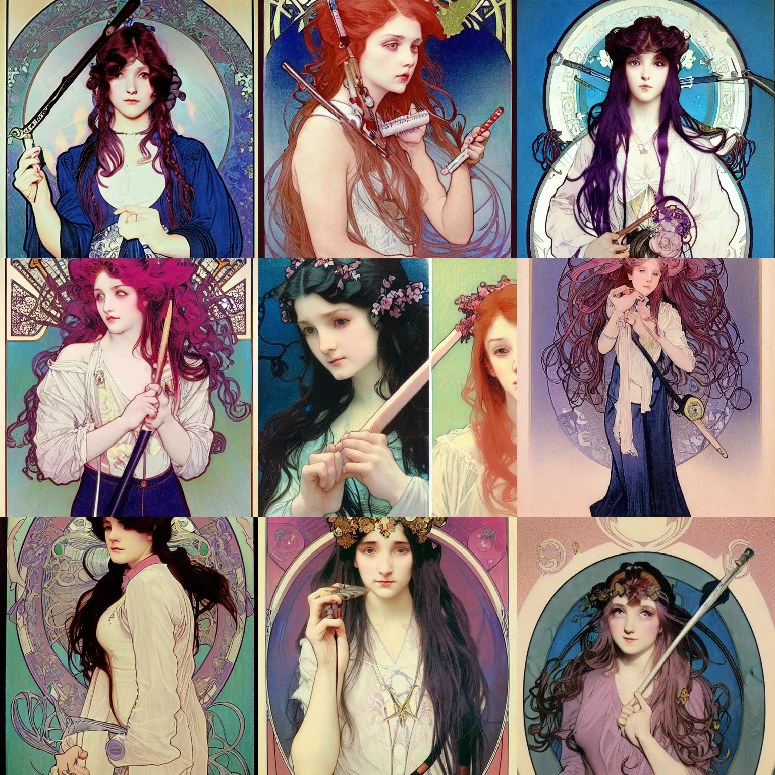 Prompt: a teenage girl with long pink hair and blue hairbow wearing a white jacket holding a spiked baseball bat, by Alphonse Mucha, Ayami Kojima, Amano, Charlie Bowater, Karol Bak, Greg Hildebrandt, Jean Delville, and Mark Brooks, Art Nouveau, Pre-Raphaelite, Neo-Gothic, gothic, Art Nouveau, rich deep moody colors