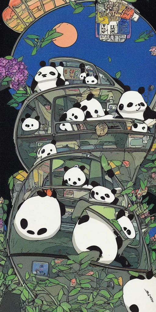 Prompt: a panda bus in like totoro, 1990s anime, full color, tarot card the chariot, highly detailed ,