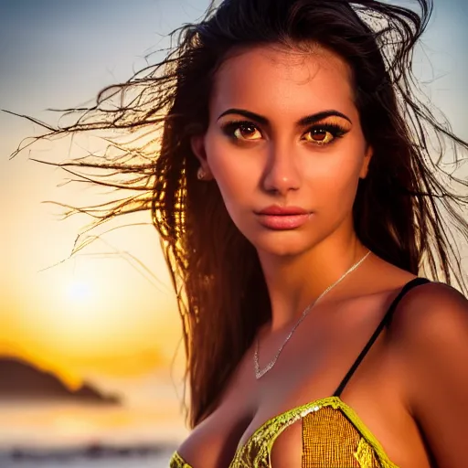 Prompt: a beautiful full body portrait of a beautiful hot Brazilian girl, beautiful detailed eyes, golden hour, standing on a beach in Rio De Janeiro, outdoors, professional award winning portrait photography, Zeiss 150mm f/ 2.8 Hasselblad