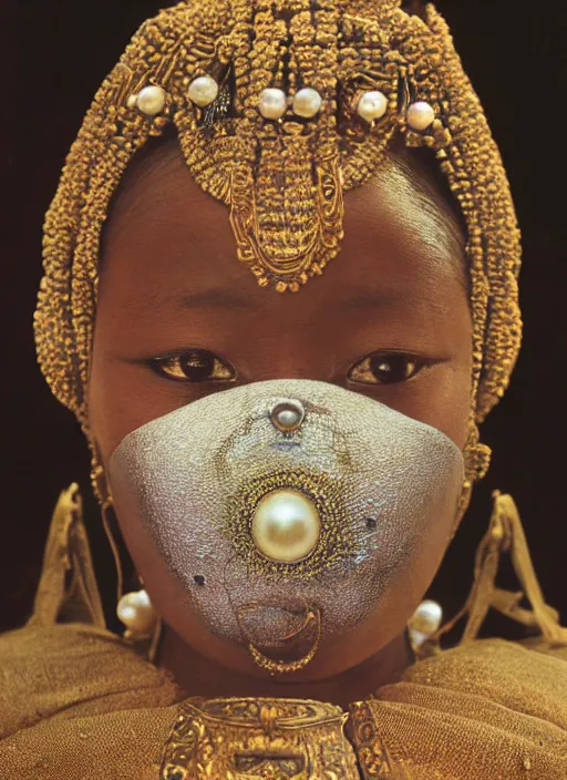 Image similar to hyperrealism, detailed textures, award winning autochrome african colonial 1 9 0 5 photo, symetrical japanese geisha, autochrome pearl portrait, pearl silverplate, intricate, detailed facial pearl scary animal mask, pearl, golden jewelery, silverplate, ultra realistic, cinematic, intricate, cinematic light by steve mccurry, unreal engine 8 k