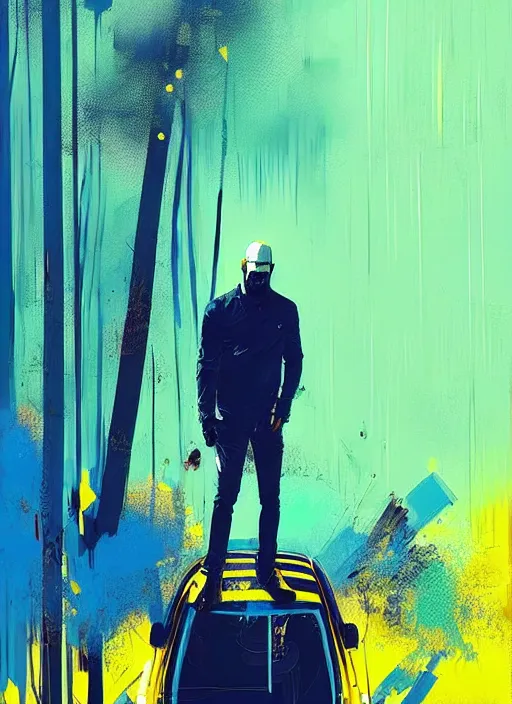 Image similar to horror art, jason statham vampire hunter, blue and gold trees in the background, art by ismail inceoglu