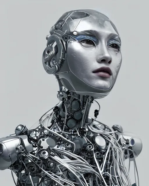 Image similar to beautiful centered fine art photo portrait of hoyeon jung as a solarpunk robotic humanoid, white mechanical parts with bright halogen lights, treading above water, ultra - realistic and detailed, white background, natural lighting, soft focus, slow exposure hdr 8 k