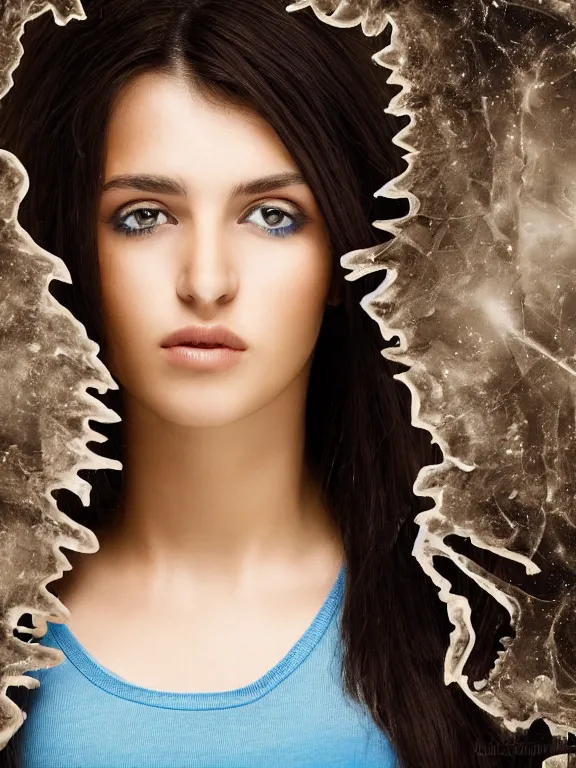 Image similar to hyperdetailed photo of a beautiful italian girl, brown eyes, dark hair, winds of winter, with ripped transparent crop t - shirt