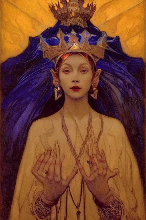 Prompt: child of darkness with their crown and lantern, by Nicholas Roerich and Annie Swynnerton and and jean delville, dramatic cinematic lighting , ornate headdress , flowing robes, sacred artifacts, lost civilizations, smooth, sharp focus, extremely detailed