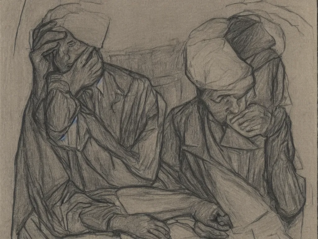 Image similar to Portrait of a factory worker at night. Drawing by Kathe Kollwitz