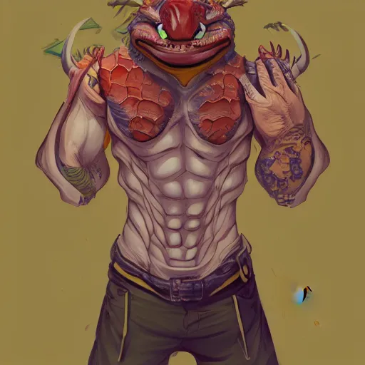 Image similar to in the style of artgerm, loish, ross tran and elysecastro, cartoon anthropomorphic alligator, symmetrical face, symmetrical eyes, red scales on his back, yellow scale on his belly and chest, male, waring a hawaiian shirt, cgsociety, hd, 4 k. - c 1 0. 0