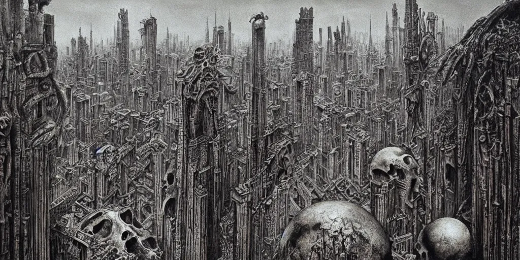 Image similar to a gigantic city where buildings are built out of skulls and bones, fleshy structures, surreal painting by hr giger and beksinski