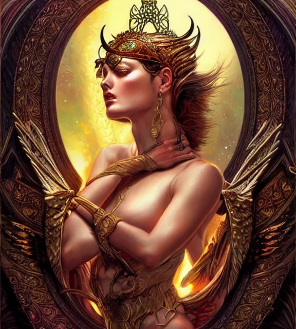 Image similar to goddess of the hunt, tarot card, ornate, digital art by artgerm and karol bak