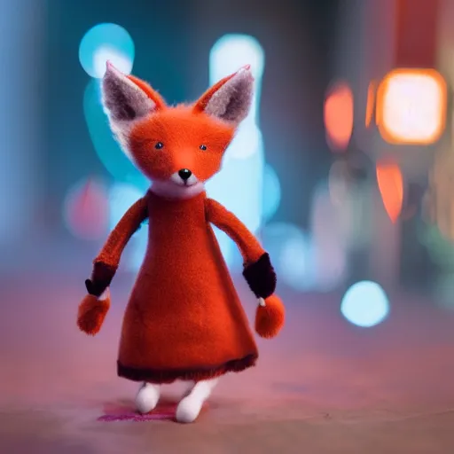 Image similar to a graceful long shot footage of a delicate toy fox wearing a fine cyberpunk dress