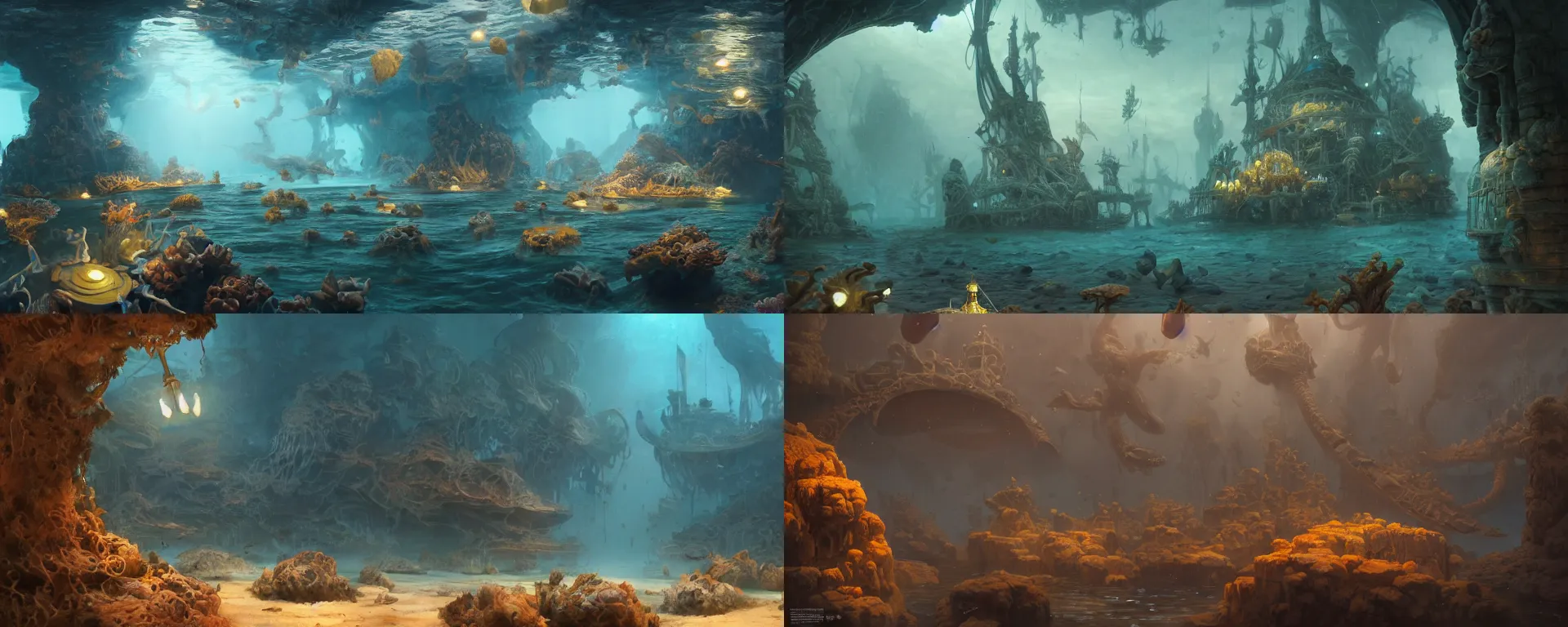 Prompt: a beautiful detailed matte painting of underwater museum cinematic by aertsen pieter, by alejandro burdisio, by greg tocchini, by james gilleard, renaissance, dynamic lighting, bioluminescence, vibrant, clean, ultra detailed, sharp, digital detailed environment, octane render, cgsociety, 8 k hdr, artstation