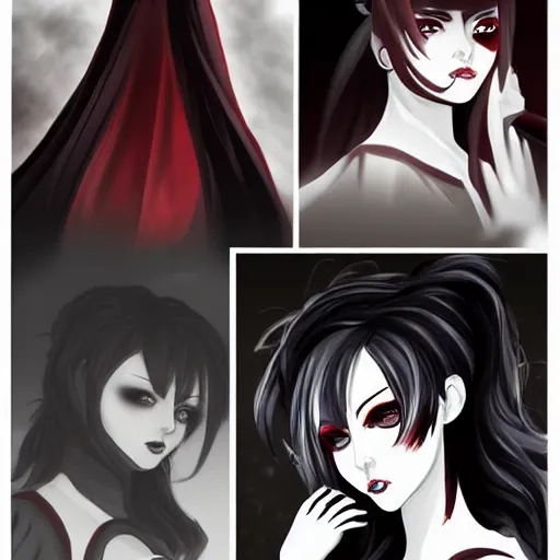 Image similar to female vampire queen character concept art, anime style, many details, pretty face, atmospheric and cinematic