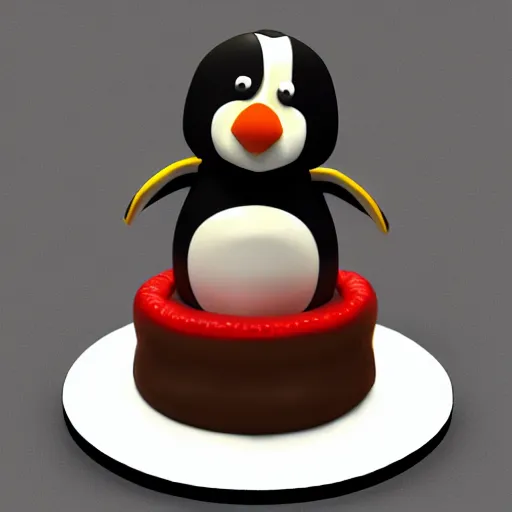 Image similar to birthday cake in the shape of a penguin. 3 d render
