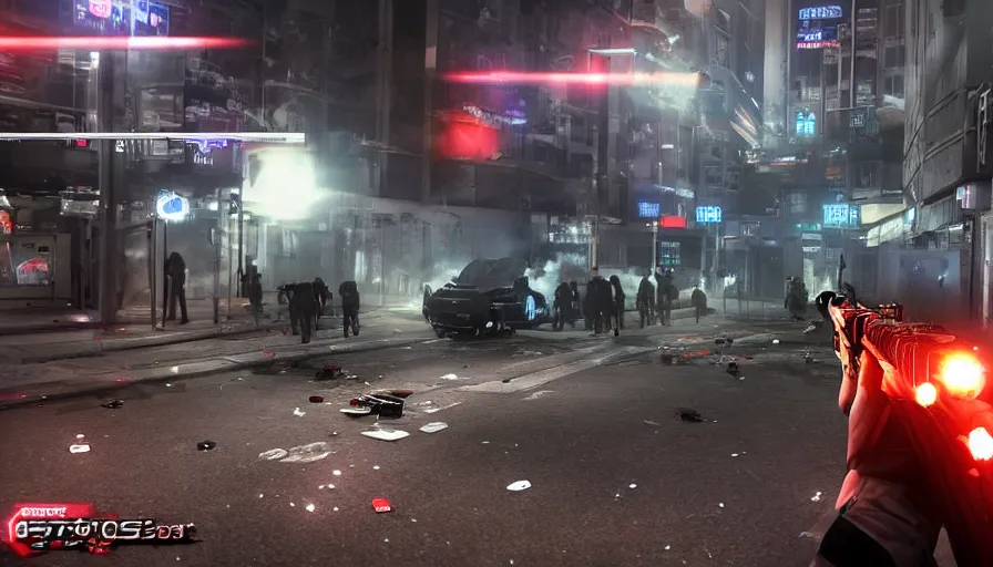 Prompt: 2020 Video Game Screenshot, Anime Neo-tokyo Cyborg bank robbers vs police, Set inside of the Bank, Open Vault, Multiplayer set-piece Ambush, Tactical Squads :9, Police officers under heavy fire, Police Calling for back up, Bullet Holes and Realistic Blood Splatter, :6 Gas Grenades, Riot Shields, Large Caliber Sniper Fire, Chaos, Metal Gear Solid Anime Cyberpunk, Akira Anime Cyberpunk, Anime Bullet VFX, Anime Machine Gun Fire, Violent Action, Sakuga Gunplay, Shootout, :7 Inspired by Escape From Tarkov :6, Intruder + Akira :12 by Katsuhiro Otomo: 19, 🕹️ 😎 🔫 🤖 🚬