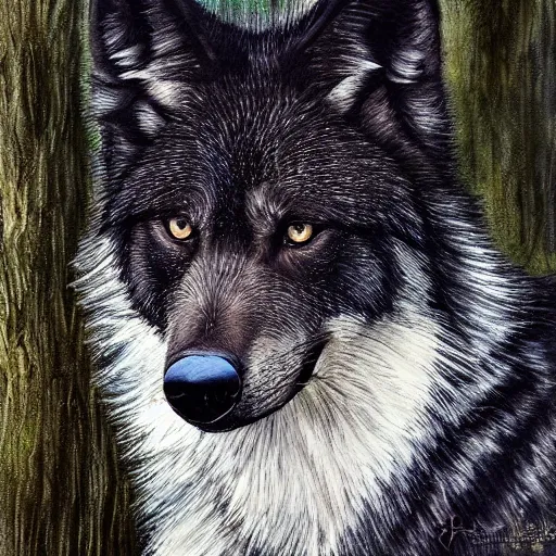 Image similar to wild and majestic black wolf beautifully standing in the shadows of some trees on a sunny day in a forest with heterochromia eyes, award winning, oil painting, high detail, high quality, 4k, stunning