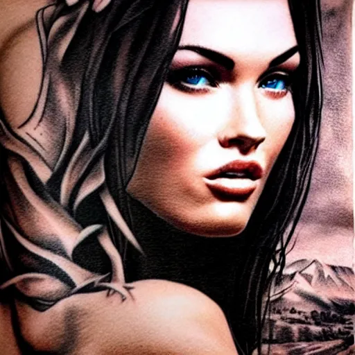 Prompt: realism tattoo sketch of double exposure megan fox with beautiful mountain scenery, in the style of andrey lukovnikov