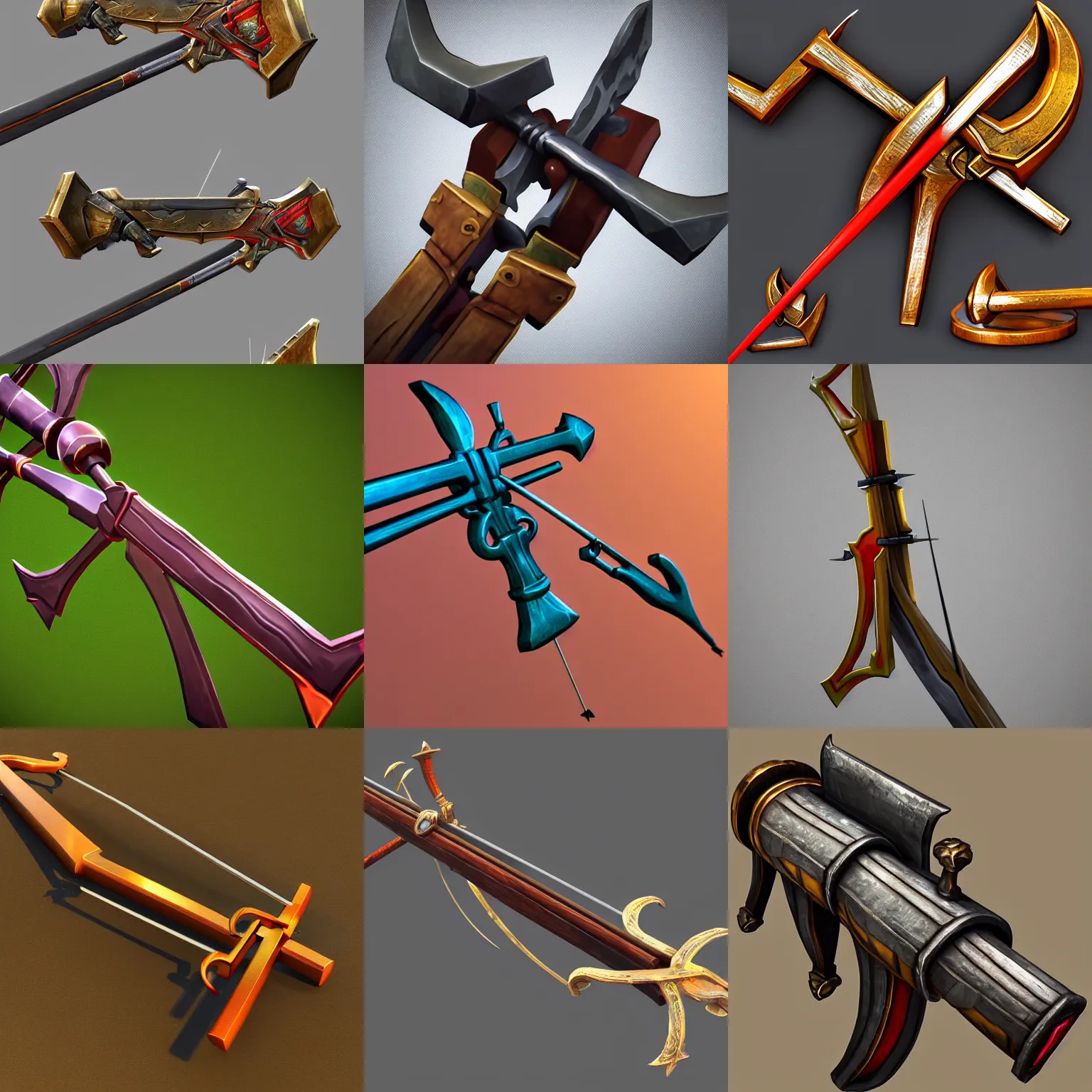 Prompt: a mobile game icon of a bow weapon, 3d render, high quality, artstation, bright and colorful, highly detailed