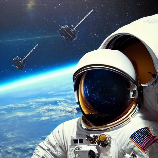 Prompt: “astronaut on board international space station wearing black space suit and gold helmet, highly detailed, realistic, portrait, no flag patch, symmetrical, photorealistic, proportional, beauty, fish eye lens, nasa, spacex, galaxies, in the style of Edward hooper oil painting sun rising”
