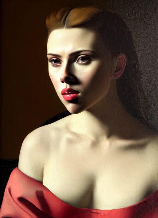 Image similar to portrait of scarlett johansson, oil painting byjohannes vermeer, 1 7 th century, art, oil on canvas, wet - on - wet technique, realistic, expressive emotions, intricate textures, illusionistic detail