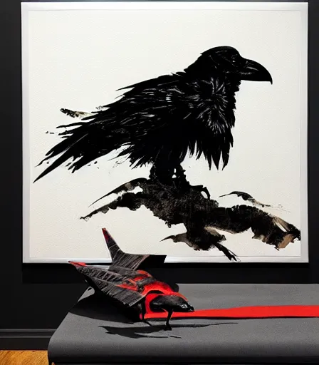 Image similar to Yoji Shinkawa's 'a raven at night', ink and colours on silk, trending on pixiv, zoomed out, monochrome